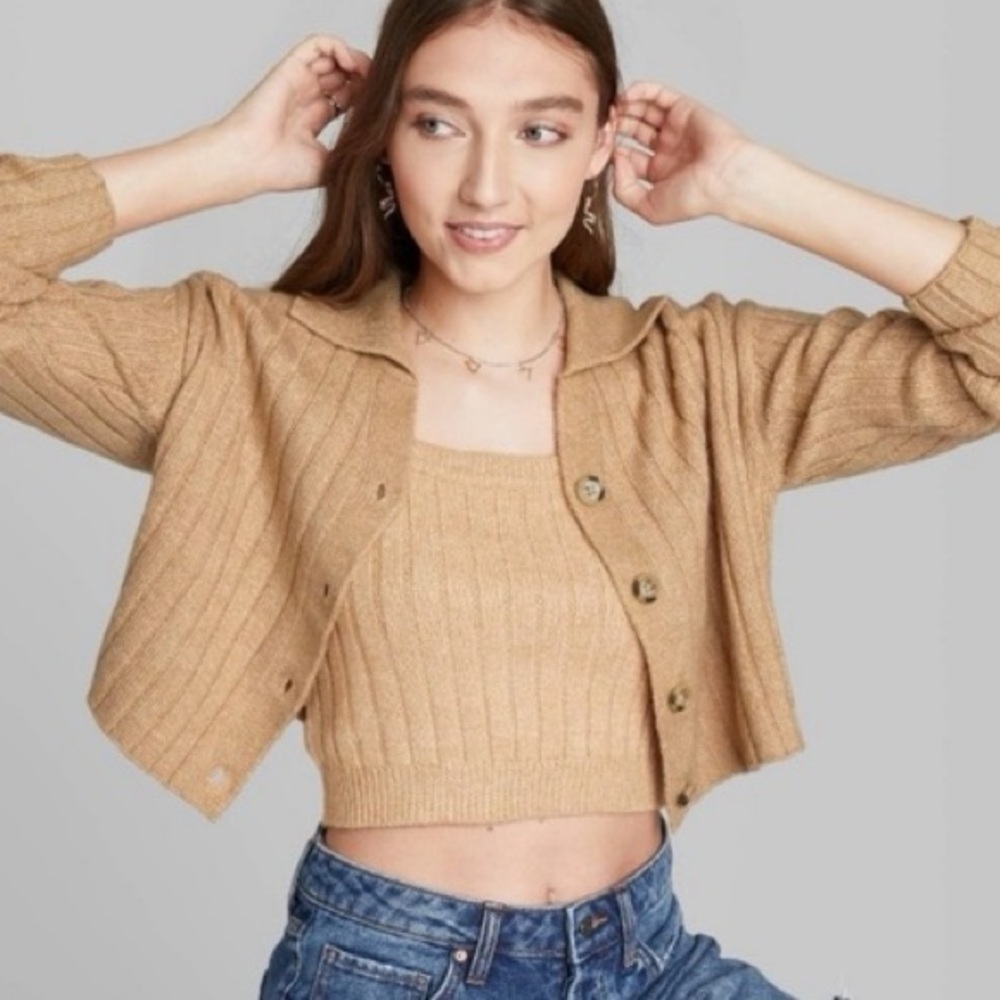 WILD FABLE Cropped Button-Up Cardigan Sweater Top Jacket in Ribbed Tan Camel